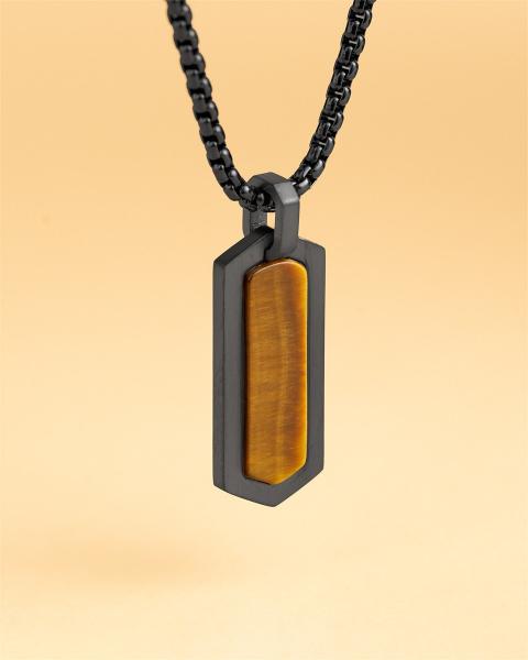 Schwarze Halskette aus Edelstahl mit einem Tigerauge-Stein - Roma Black Tiger